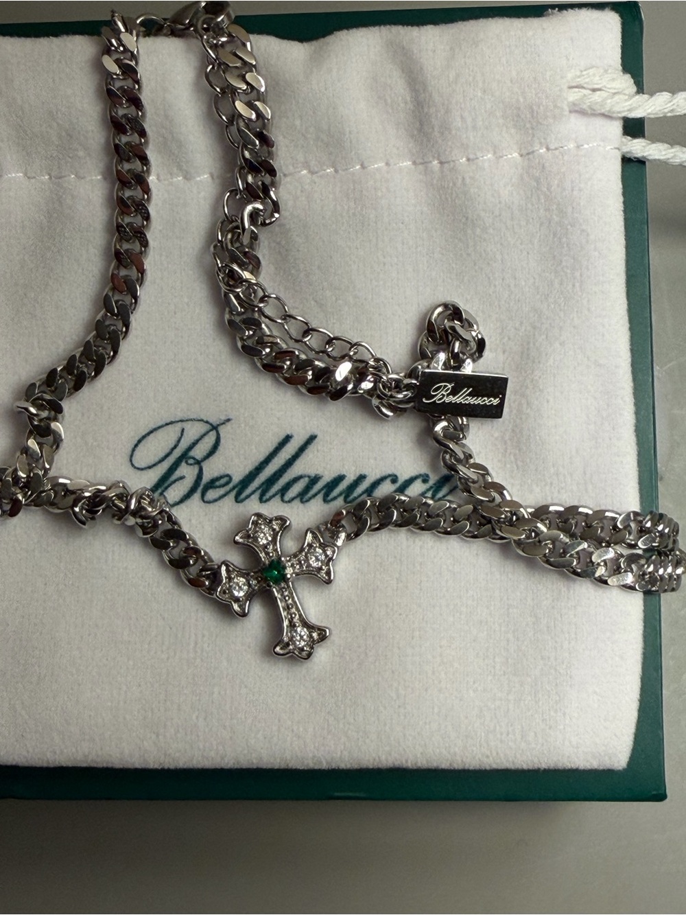 Stainless Steel Cross Necklace with Green Accent